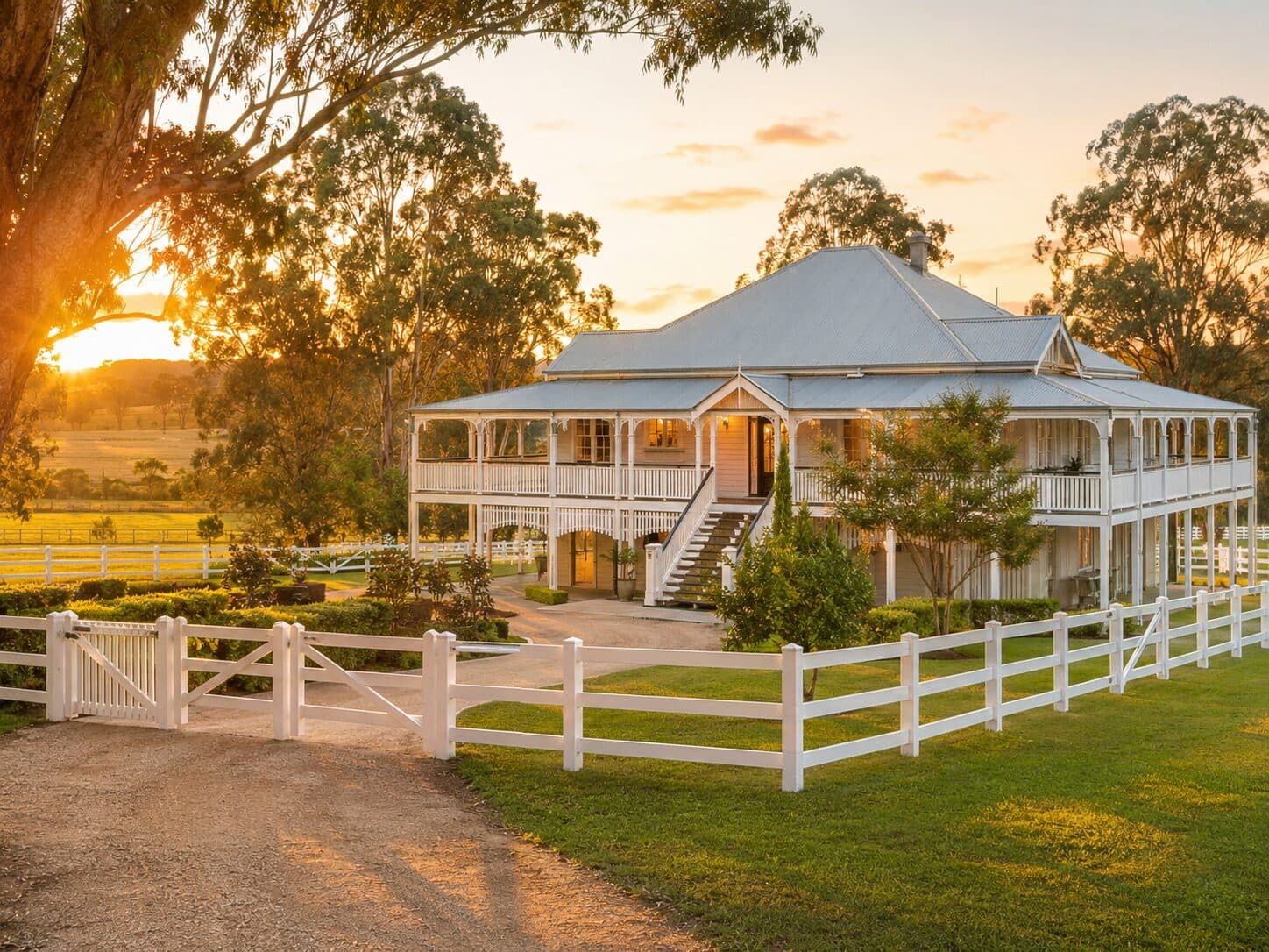 Cotswold three-rail farm fencing at sunrise across a misty Queensland paddock.